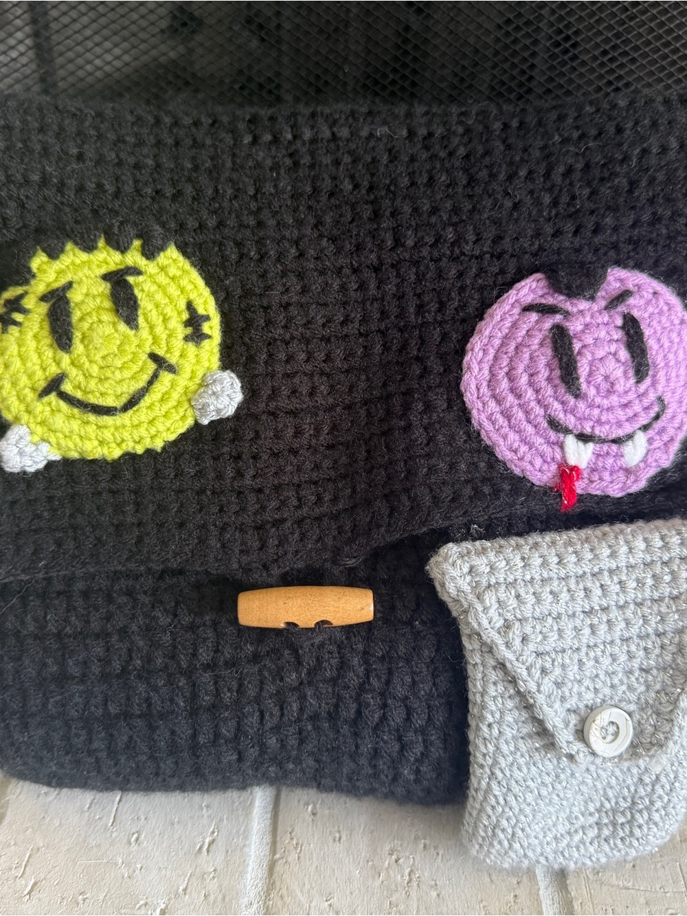 Black Crochet Jacket with Smiley Patch Details